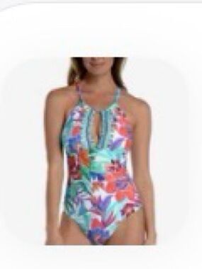 LA BLANCA Tropics of Topaz High-Neck Keyhole One Piece. Circa 2022